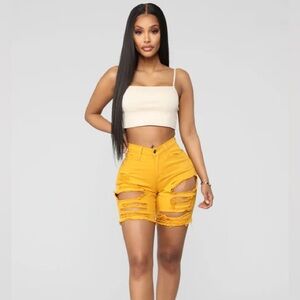 Fashion Nova - Mustard Yellow High-Waist Distressed Bermuda Shorts, Small
